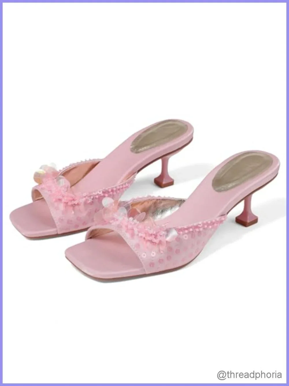 Women Sequin Kitten Heels Square Toe Slip On Low Heel Sandals Party Wedding